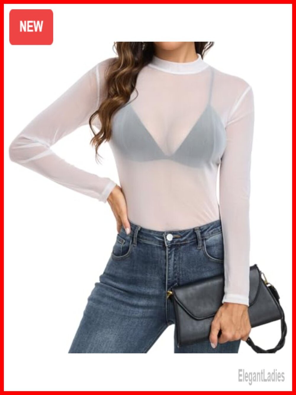 Mesh Top Mock Neck Long Sleeve Sheer Shirt See-Through Slim Fit Party Clubwear